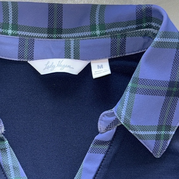 Lady Hagen Navy Blue Clubhouse Long Sleeve Polo Plaid Johnny Collar Sz M - Picture 8 of 11